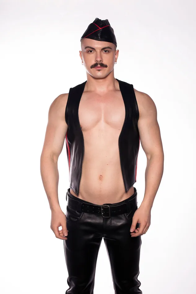 Prowler RED Leather Vest Waistcoat Black with Red Side Stripe Prowler RED Restraints