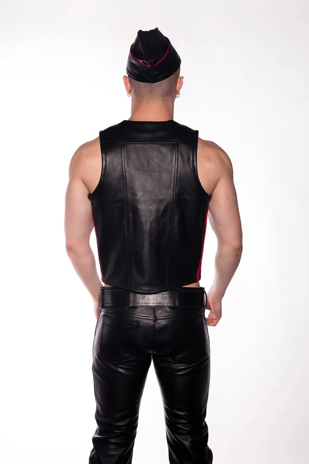 Prowler RED Leather Vest Waistcoat Black with Red Side Stripe Prowler RED Restraints