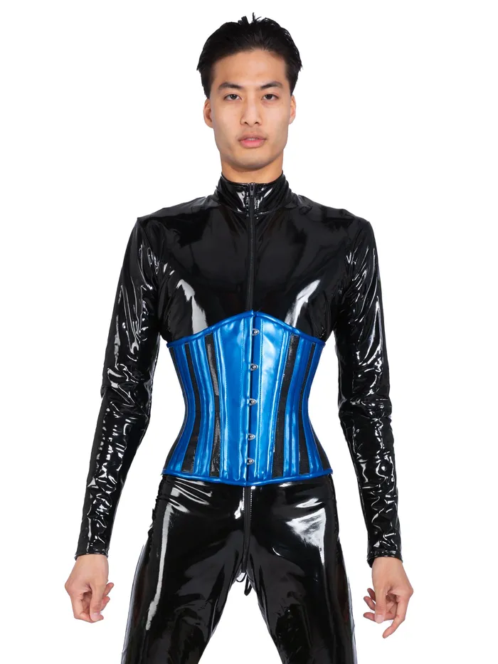HonourSkintwocom Vibrators Metallic Blue PVC Mesh Underbust Corset