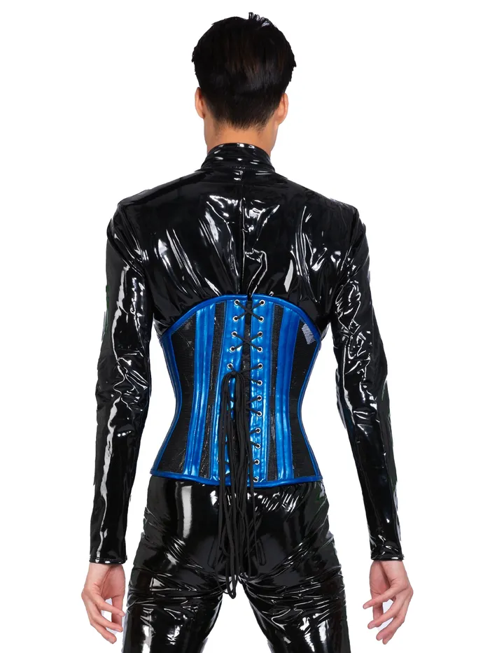 HonourSkintwocom Vibrators Metallic Blue PVC Mesh Underbust Corset